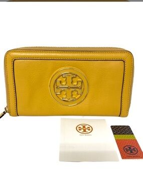 Tory Burch Mustard Yellow Logo Zip Wallet
